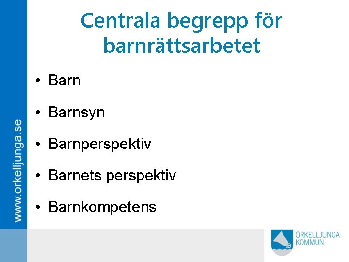 Centrala begrepp för barnrättsarbetet • Barnsyn • Barnperspektiv • Barnets perspektiv • Barnkompetens 