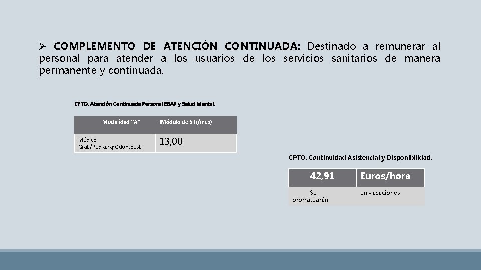 Ø COMPLEMENTO DE ATENCIÓN CONTINUADA: Destinado a remunerar al personal para atender a los