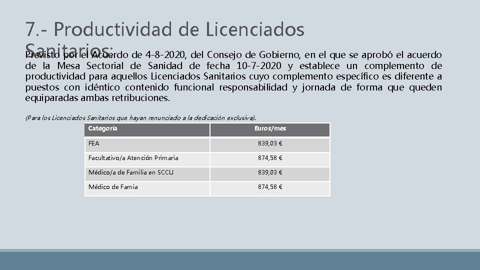 7. - Productividad de Licenciados Sanitarios: Previsto por el Acuerdo de 4 -8 -2020,