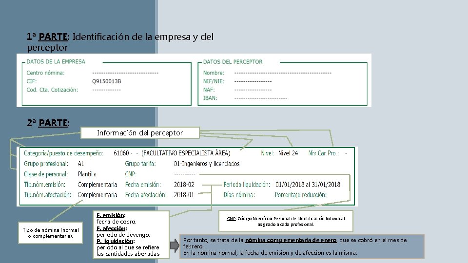 1ª PARTE: Identificación de la empresa y del perceptor 2ª PARTE: Tipo de nómina