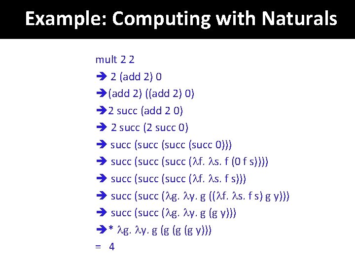Example: Computing with Naturals mult 2 2 2 (add 2) 0 (add 2) ((add