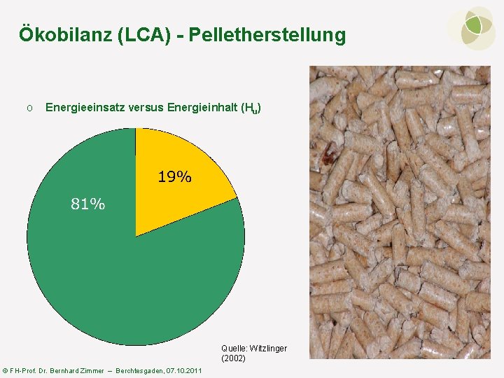 Ökobilanz (LCA) - Pelletherstellung o Energieeinsatz versus Energieinhalt (Hu) Quelle: Witzlinger (2002) © FH-Prof.