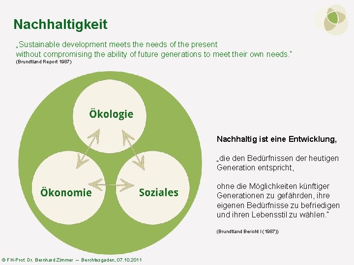 Nachhaltigkeit „Sustainable development meets the needs of the present without compromising the ability of