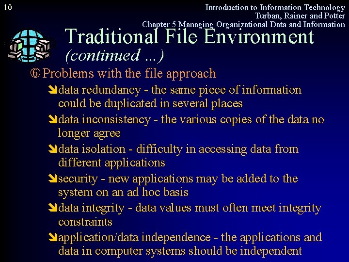 10 Introduction to Information Technology Turban, Rainer and Potter Chapter 5 Managing Organizational Data