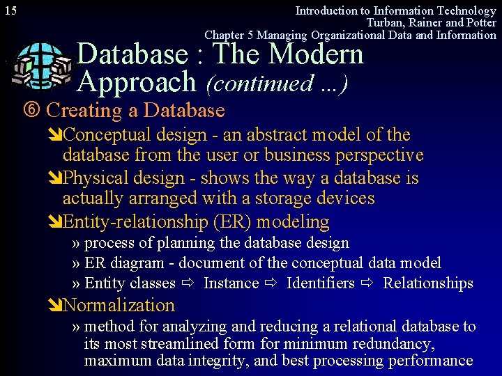 15 Introduction to Information Technology Turban, Rainer and Potter Chapter 5 Managing Organizational Data
