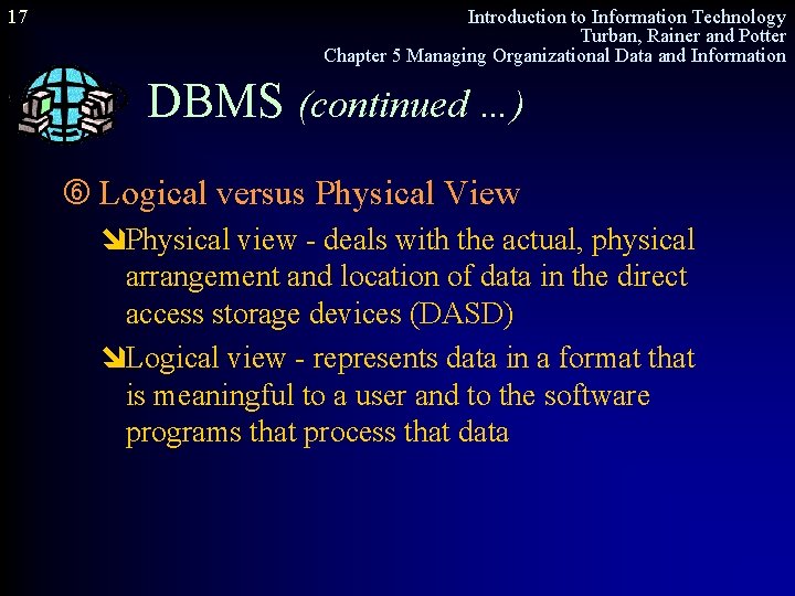 17 Introduction to Information Technology Turban, Rainer and Potter Chapter 5 Managing Organizational Data