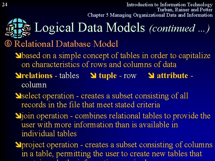 24 Introduction to Information Technology Turban, Rainer and Potter Chapter 5 Managing Organizational Data