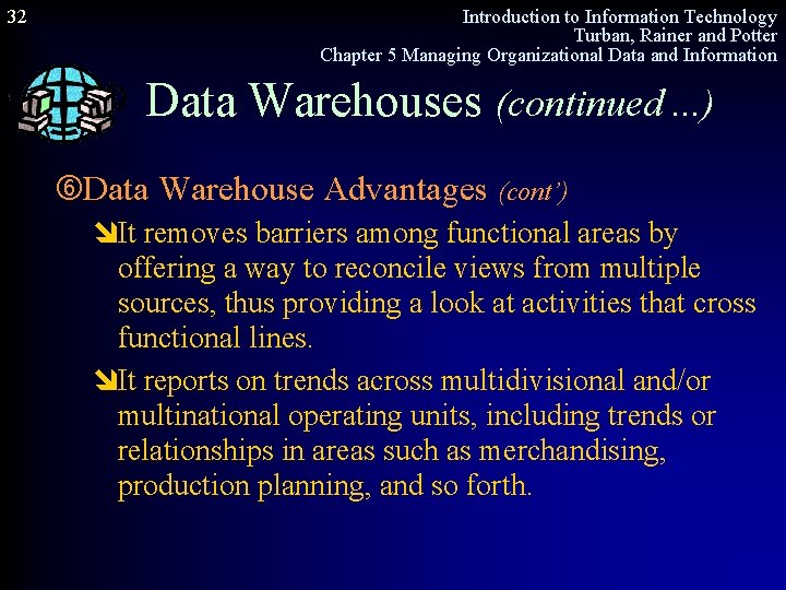 32 Introduction to Information Technology Turban, Rainer and Potter Chapter 5 Managing Organizational Data