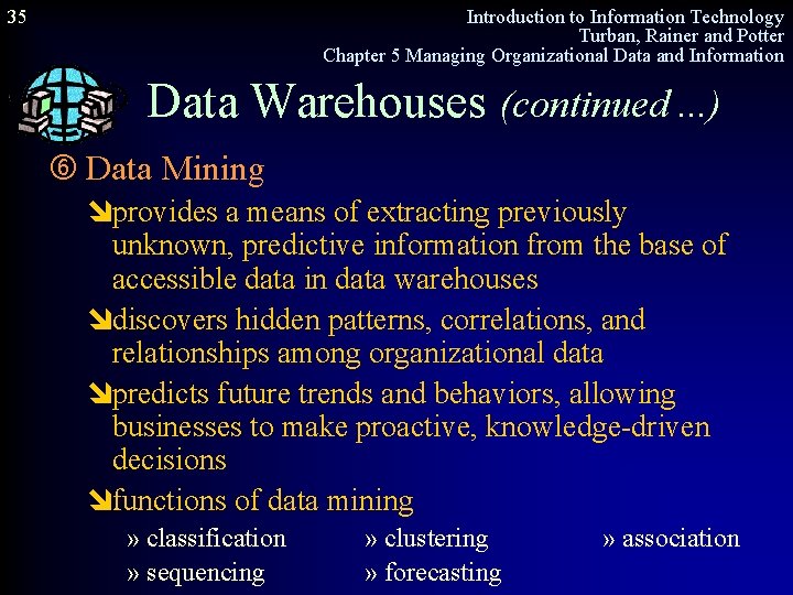 35 Introduction to Information Technology Turban, Rainer and Potter Chapter 5 Managing Organizational Data