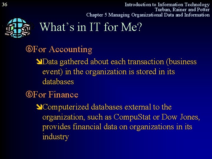 36 Introduction to Information Technology Turban, Rainer and Potter Chapter 5 Managing Organizational Data