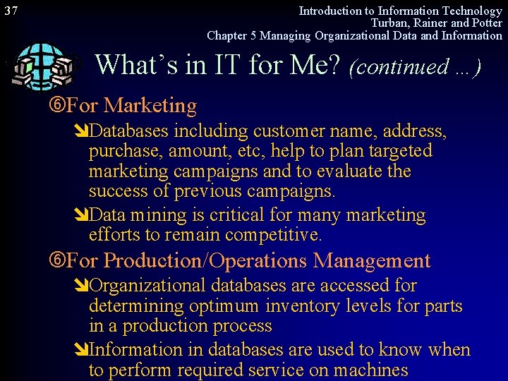 37 Introduction to Information Technology Turban, Rainer and Potter Chapter 5 Managing Organizational Data