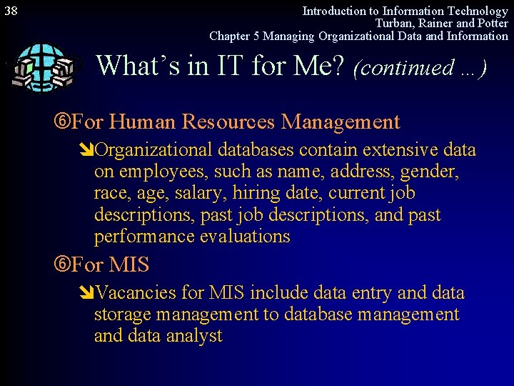 38 Introduction to Information Technology Turban, Rainer and Potter Chapter 5 Managing Organizational Data