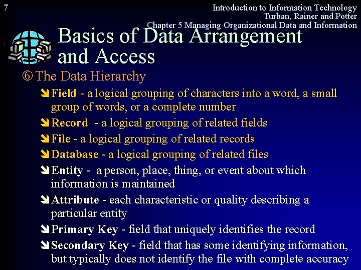 7 Introduction to Information Technology Turban, Rainer and Potter Chapter 5 Managing Organizational Data