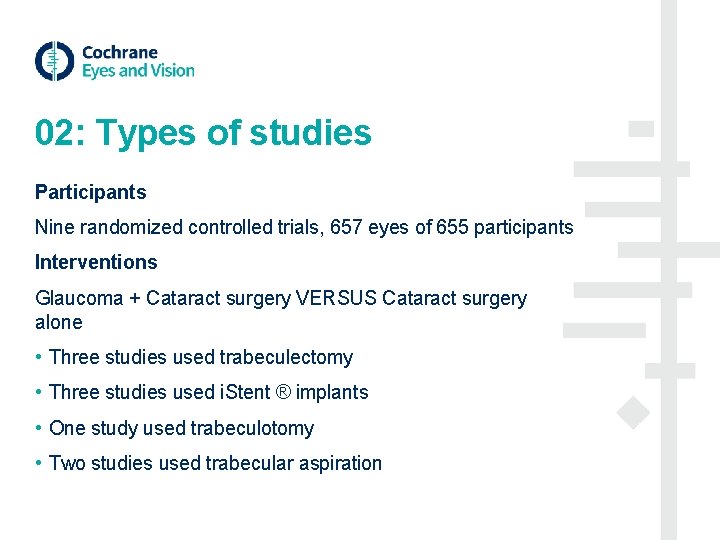 02: Types of studies Participants Nine randomized controlled trials, 657 eyes of 655 participants