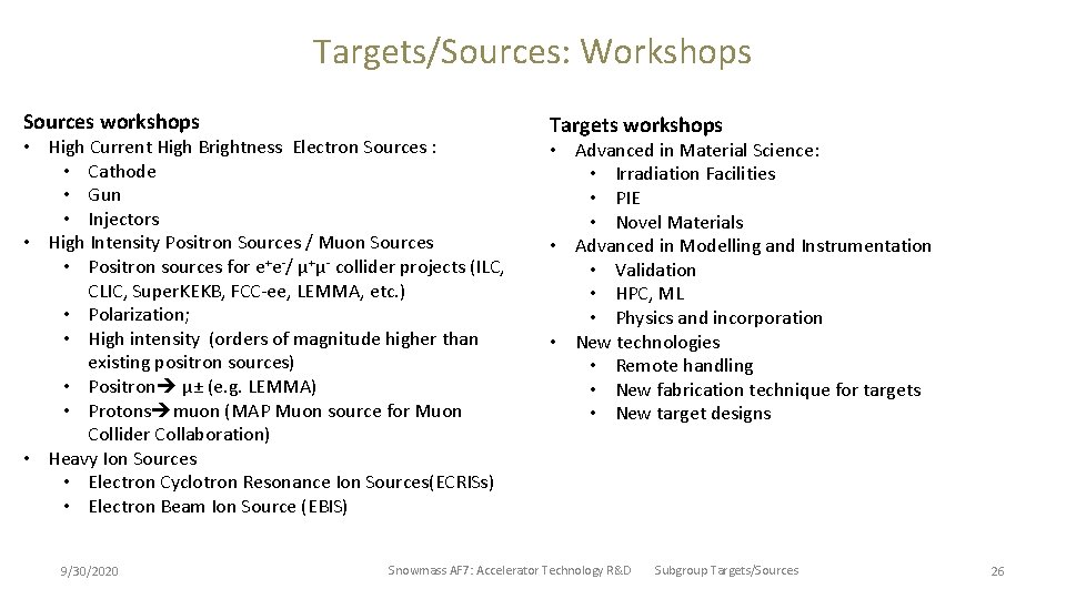 Targets/Sources: Workshops Sources workshops • High Current High Brightness Electron Sources : • Cathode