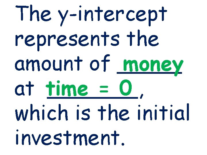 The y-intercept represents the amount of _____ money at time _______, = 0 which