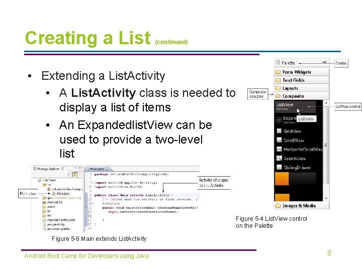 Creating a List (continued) • Extending a List. Activity • A List. Activity class Creating a List (continued) • Extending a List. Activity • A List. Activity class