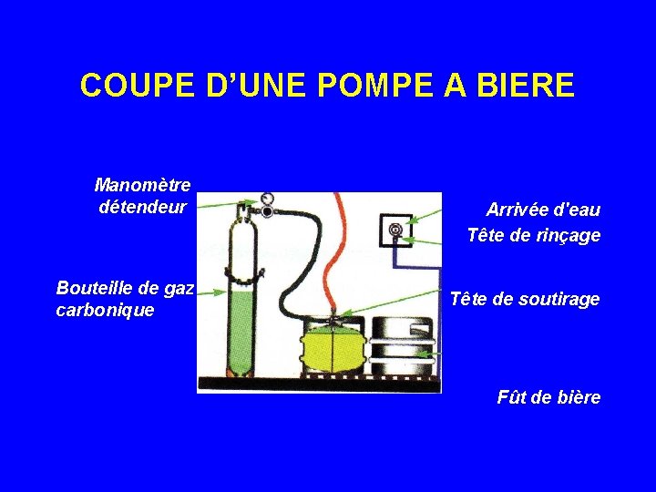 COUPE D’UNE POMPE A BIERE Manomètre détendeur Bouteille de gaz carbonique Arrivée d'eau Tête