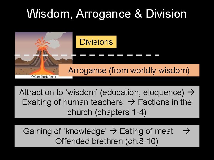 Wisdom, Arrogance & Divisions Arrogance (from worldly wisdom) Attraction to ‘wisdom’ (education, eloquence) Exalting