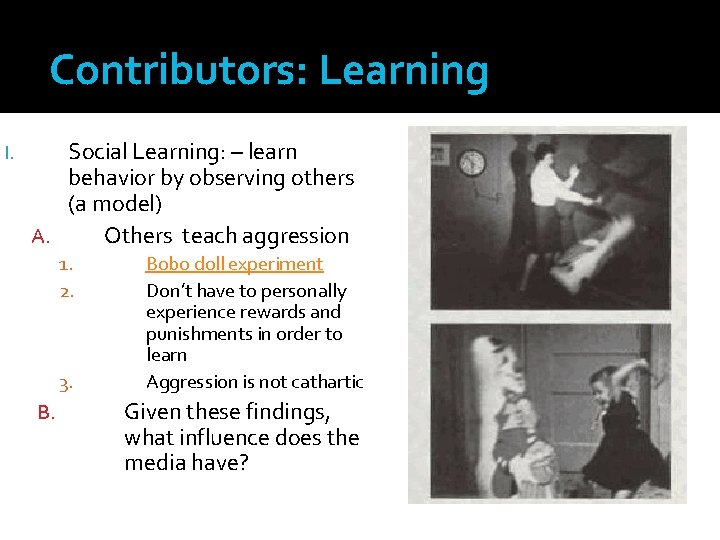 Contributors: Learning I. Social Learning: – learn behavior by observing others (a model) A.