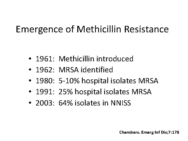 Emergence of Methicillin Resistance • • • 1961: 1962: 1980: 1991: 2003: Methicillin introduced