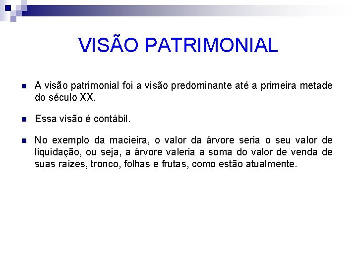 VISÃO PATRIMONIAL n A visão patrimonial foi a visão predominante até a primeira metade