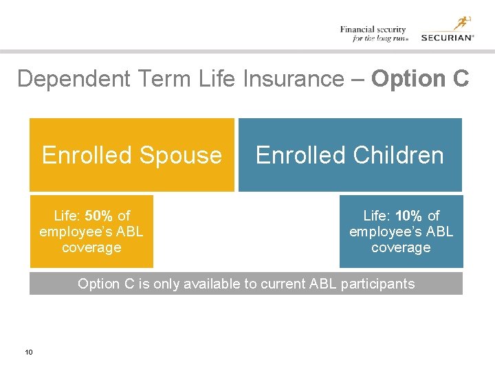 Dependent Term Life Insurance – Option C Enrolled Spouse Life: 50% of employee’s ABL