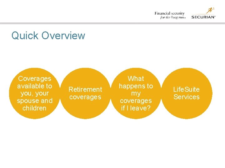 Quick Overview Coverages available to you, your spouse and children Retirement coverages What happens