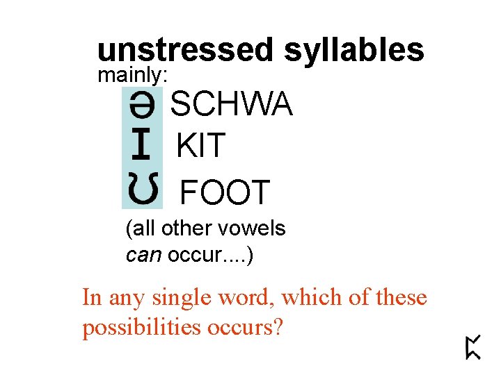unstressed syllables mainly: SCHWA KIT FOOT (all other vowels can occur. . ) In