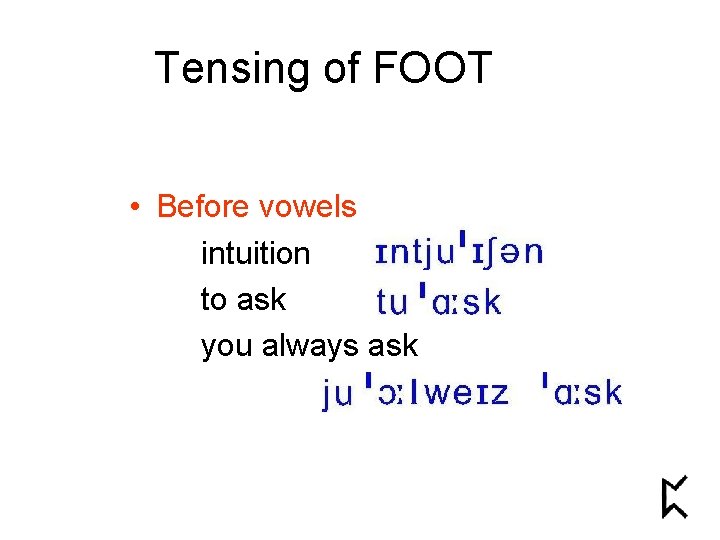 Tensing of FOOT • Before vowels intuition to ask you always ask 