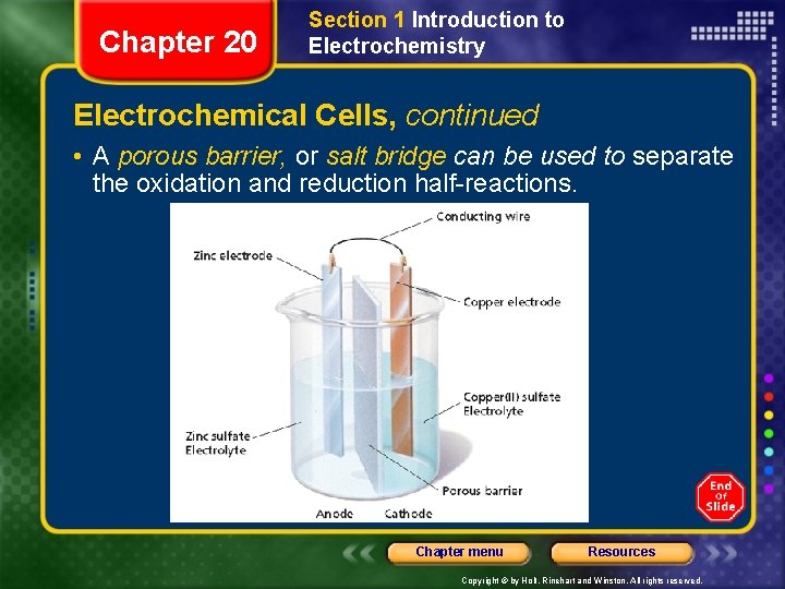 Chapter 20 Section 1 Introduction to Electrochemistry Electrochemical Cells, continued • A porous barrier,
