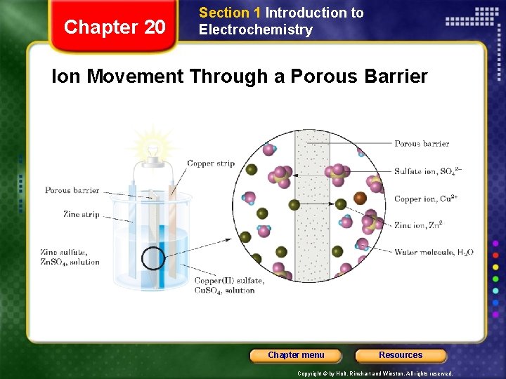 Chapter 20 Section 1 Introduction to Electrochemistry Ion Movement Through a Porous Barrier Chapter