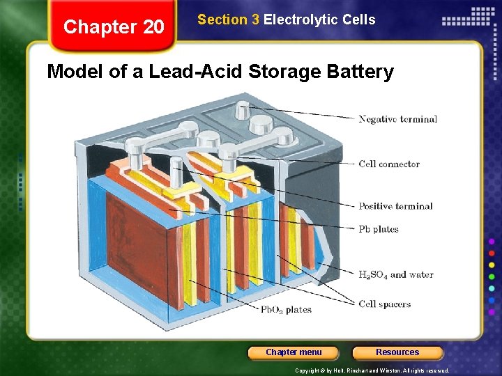 Chapter 20 Section 3 Electrolytic Cells Model of a Lead-Acid Storage Battery Chapter menu