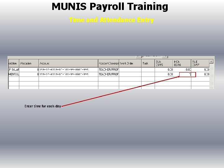 MUNIS Payroll Training Time and Attendance Entry Enter time for each day 