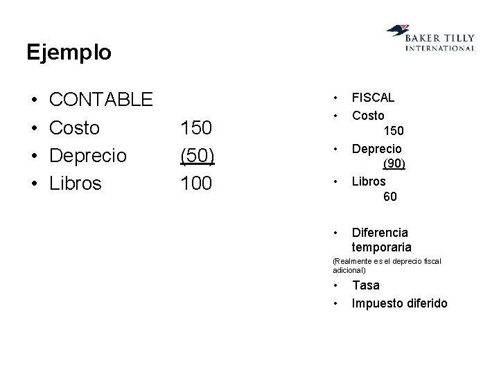 Ejemplo • • CONTABLE Costo Deprecio Libros 150 (50) 100 • • • FISCAL