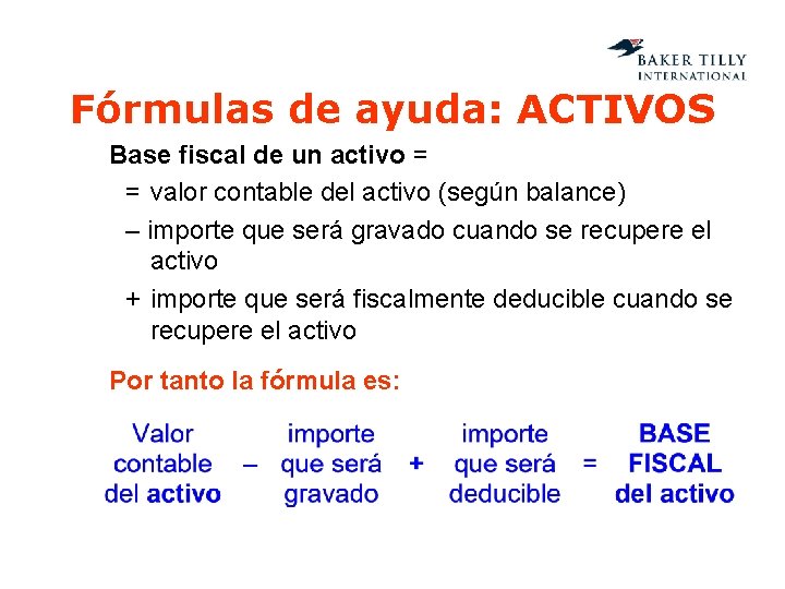 Fórmulas de ayuda: ACTIVOS Base fiscal de un activo = = valor contable del
