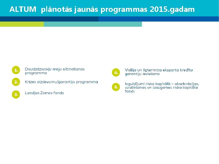 ALTUM plānotās jaunās programmas 2015. gadam 