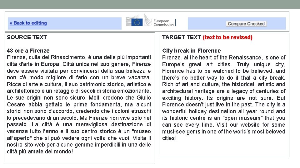 SOURCE TEXT TARGET TEXT (text to be revised) 48 ore a Firenze, culla del