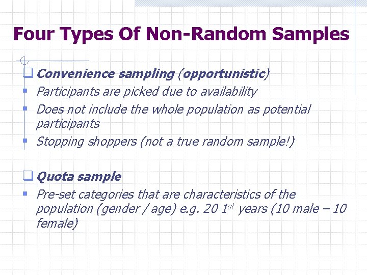 Four Types Of Non-Random Samples q Convenience sampling (opportunistic) § Participants are picked due