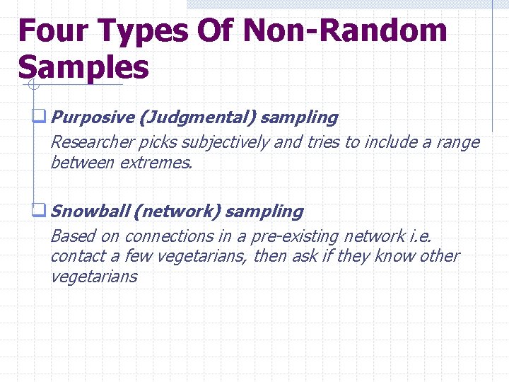 Four Types Of Non-Random Samples q Purposive (Judgmental) sampling Researcher picks subjectively and tries