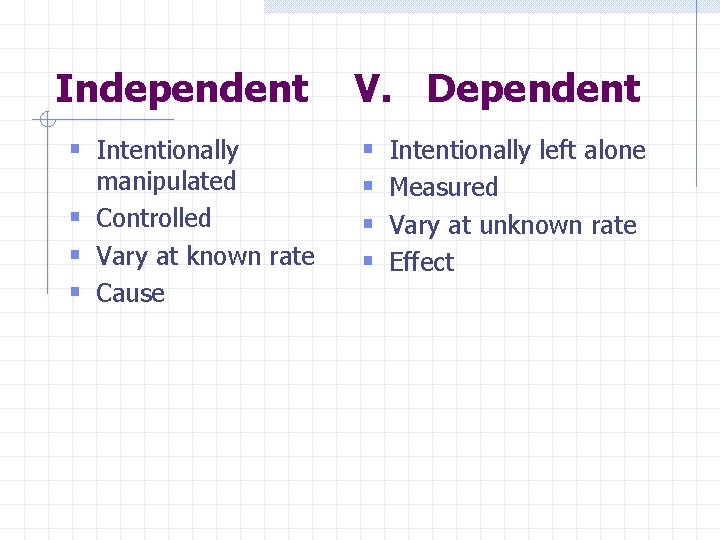 Independent § Intentionally manipulated § Controlled § Vary at known rate § Cause V.