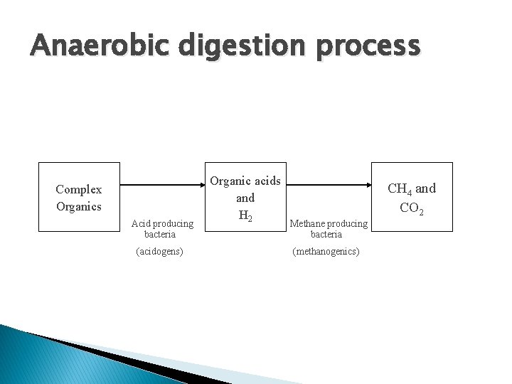 Anaerobic digestion process Complex Organics Acid producing bacteria (acidogens) Organic acids and H 2