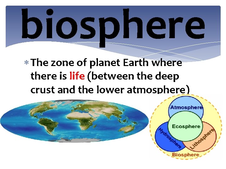 biosphere The zone of planet Earth where there is life (between the deep crust