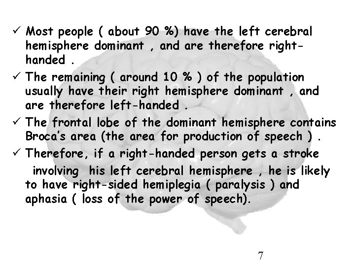 ü Most people ( about 90 %) have the left cerebral hemisphere dominant ,