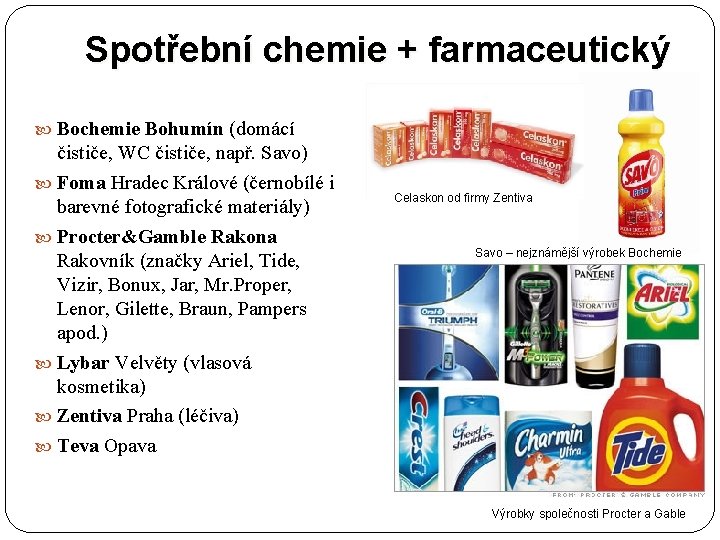 Spotřební chemie + farmaceutický Bochemie Bohumín (domácí čističe, WC čističe, např. Savo) Foma Hradec