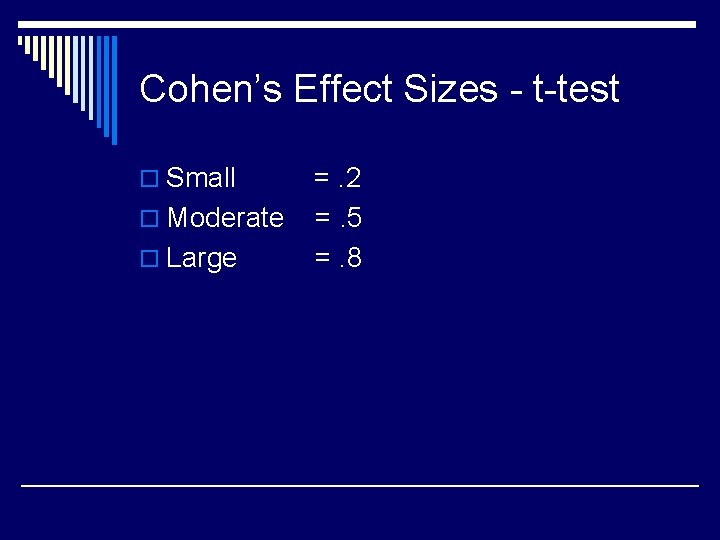 Cohen’s Effect Sizes - t-test o Small o Moderate o Large =. 2 =.