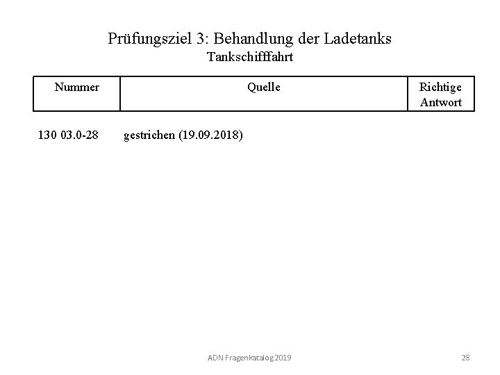 Prüfungsziel 3: Behandlung der Ladetanks Tankschifffahrt Nummer 130 03. 0 -28 Quelle Richtige Antwort