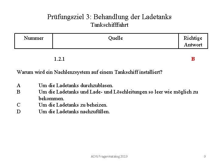 Prüfungsziel 3: Behandlung der Ladetanks Tankschifffahrt Nummer 130 03. 0 -09 Quelle 1. 2.