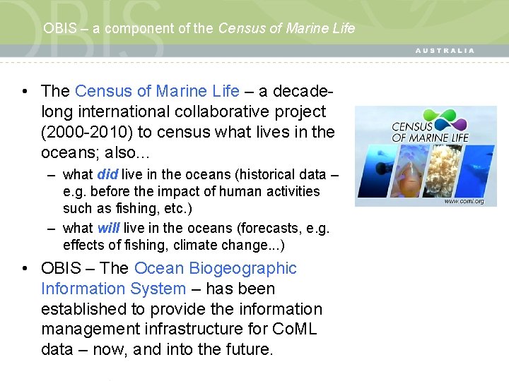 OBIS – a component of the Census of Marine Life • The Census of