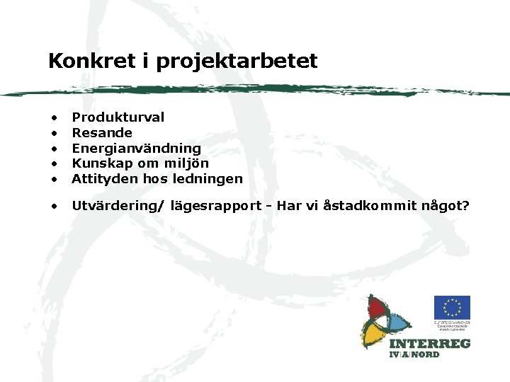 Konkret i projektarbetet • • • Produkturval Resande Energianvändning Kunskap om miljön Attityden hos